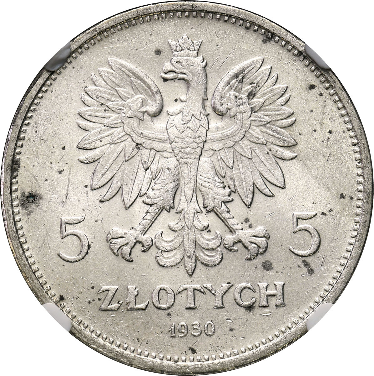 II RP. 5 złotych 1930 Nike NGC MS62 – PIĘKNA